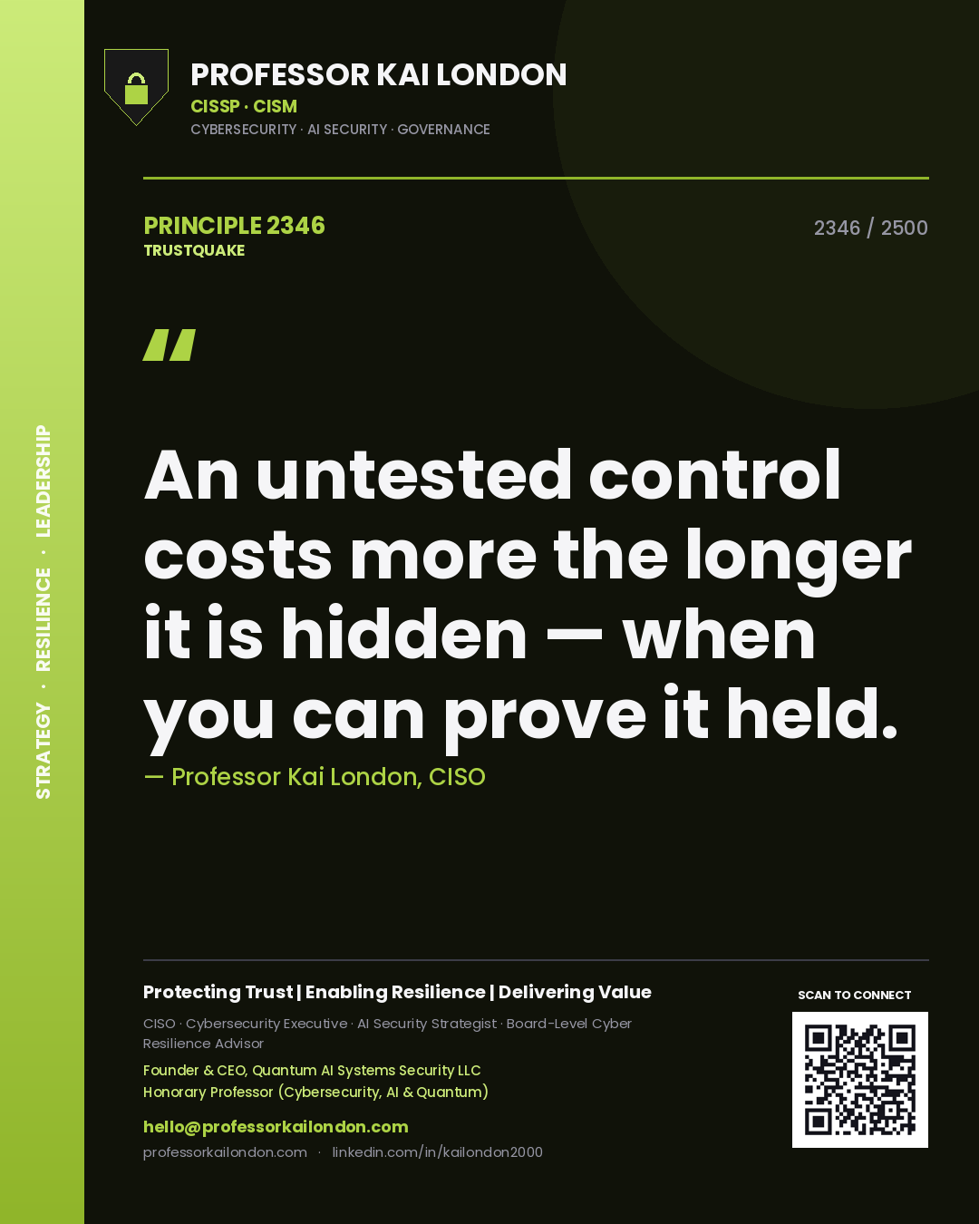 Quote card by Professor Kai London reading 'An untested control costs more the longer it is hidden — when you can prove it held.'. From the book Trustquake.