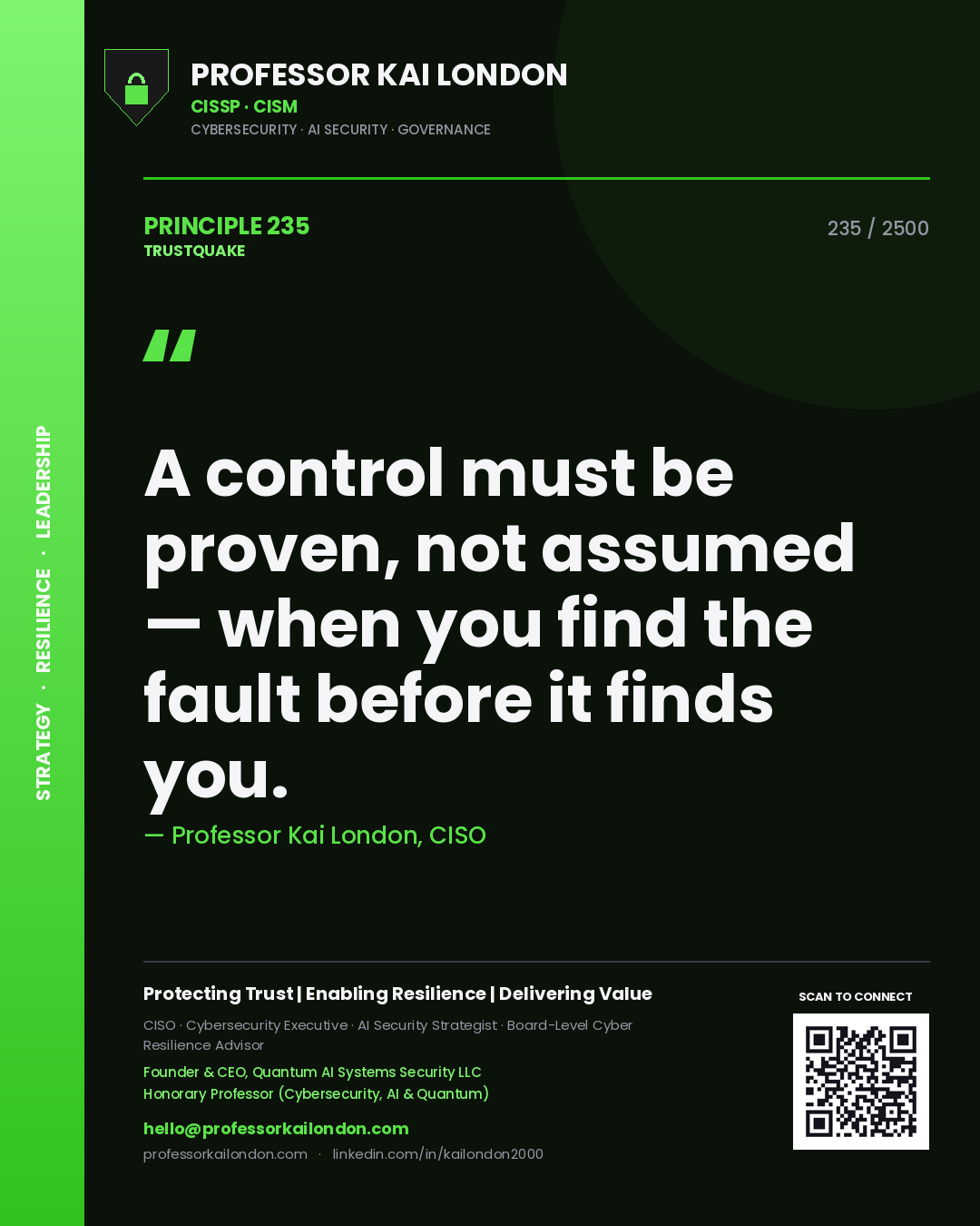 Quote card by Professor Kai London reading 'A control must be proven, not assumed — when you find the fault before it finds you.'. From the book Trustquake.