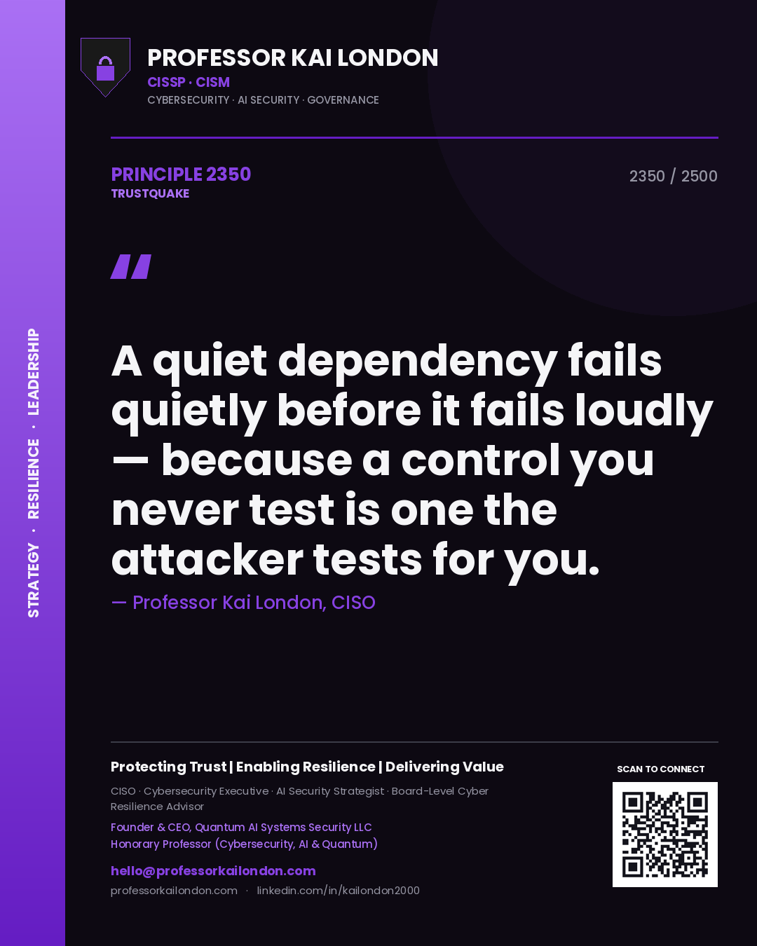 Quote card by Professor Kai London reading 'A quiet dependency fails quietly before it fails loudly — because a control you never test is one the attacker tests for you.'. From the book Trustquake.