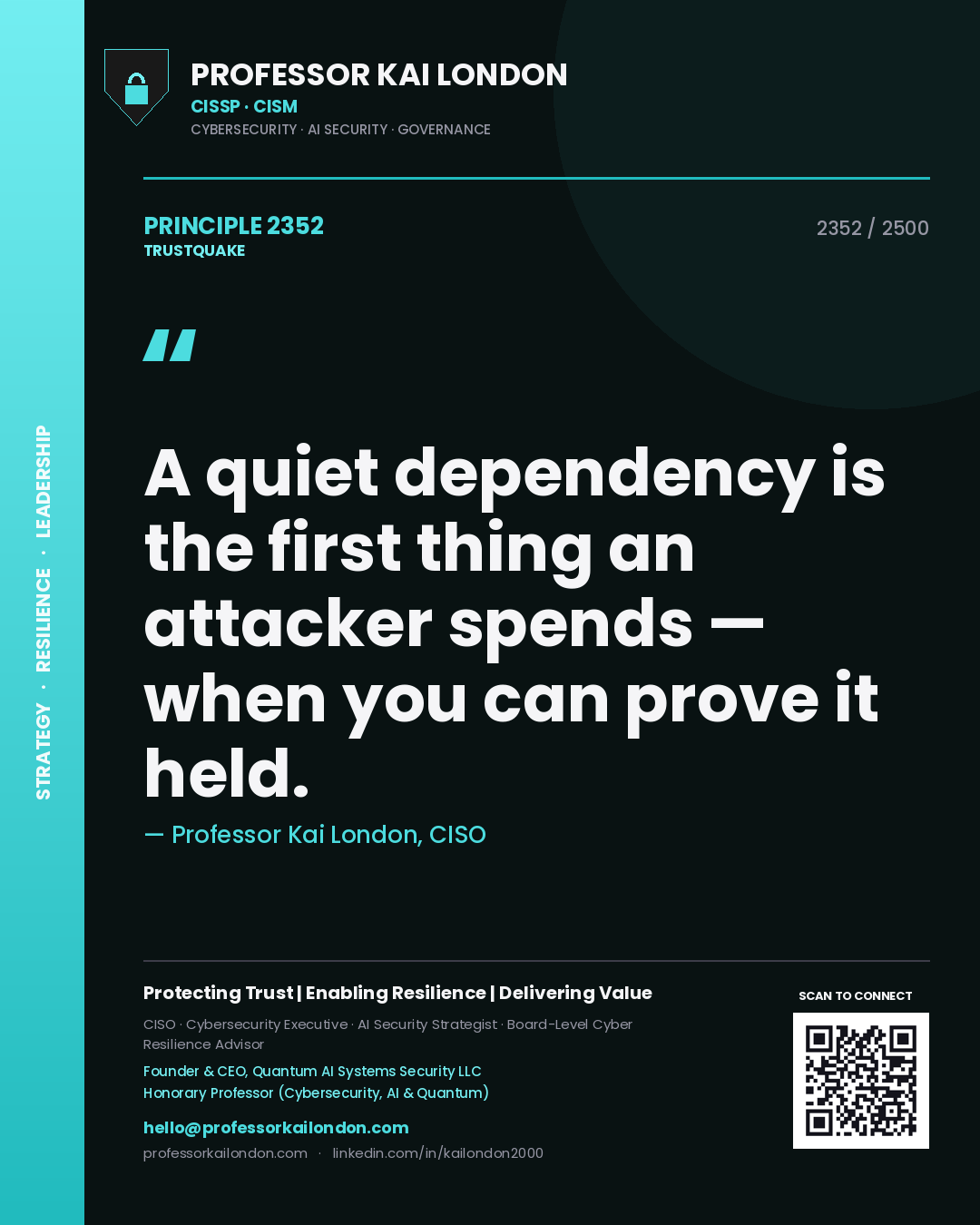 Quote card by Professor Kai London reading 'A quiet dependency is the first thing an attacker spends — when you can prove it held.'. From the book Trustquake.