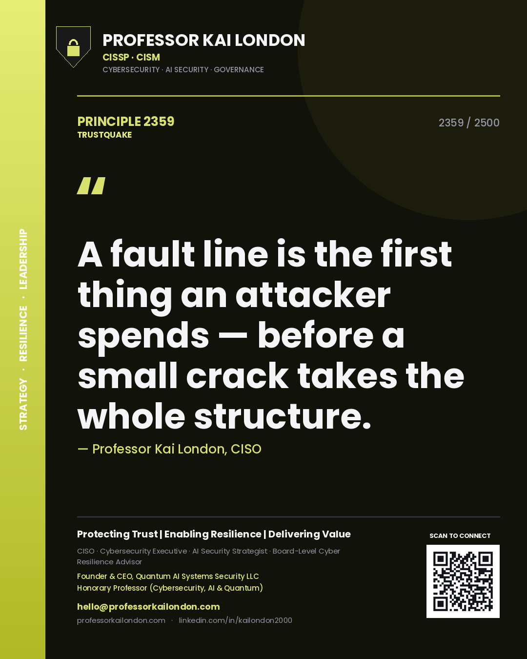 Quote card by Professor Kai London reading 'A fault line is the first thing an attacker spends — before a small crack takes the whole structure.'. From the book Trustquake.