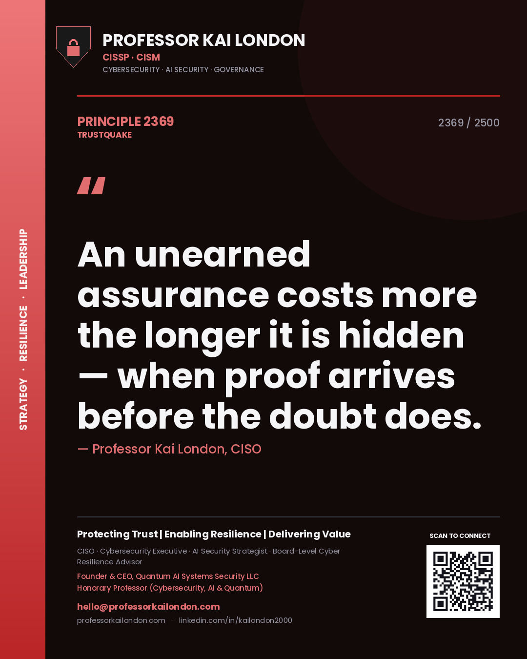 Quote card by Professor Kai London reading 'An unearned assurance costs more the longer it is hidden — when proof arrives before the doubt does.'. From the book Trustquake.