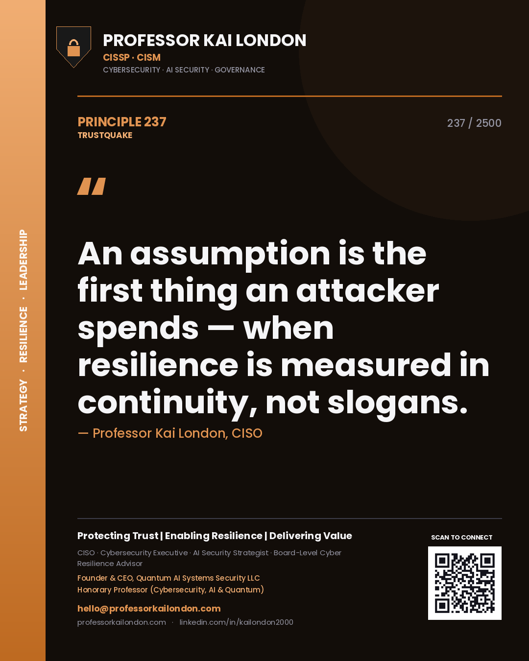 Professor Kai London principle 237: An assumption is the first thing an attacker spends — when resilience is measured in continuity, not slogans.