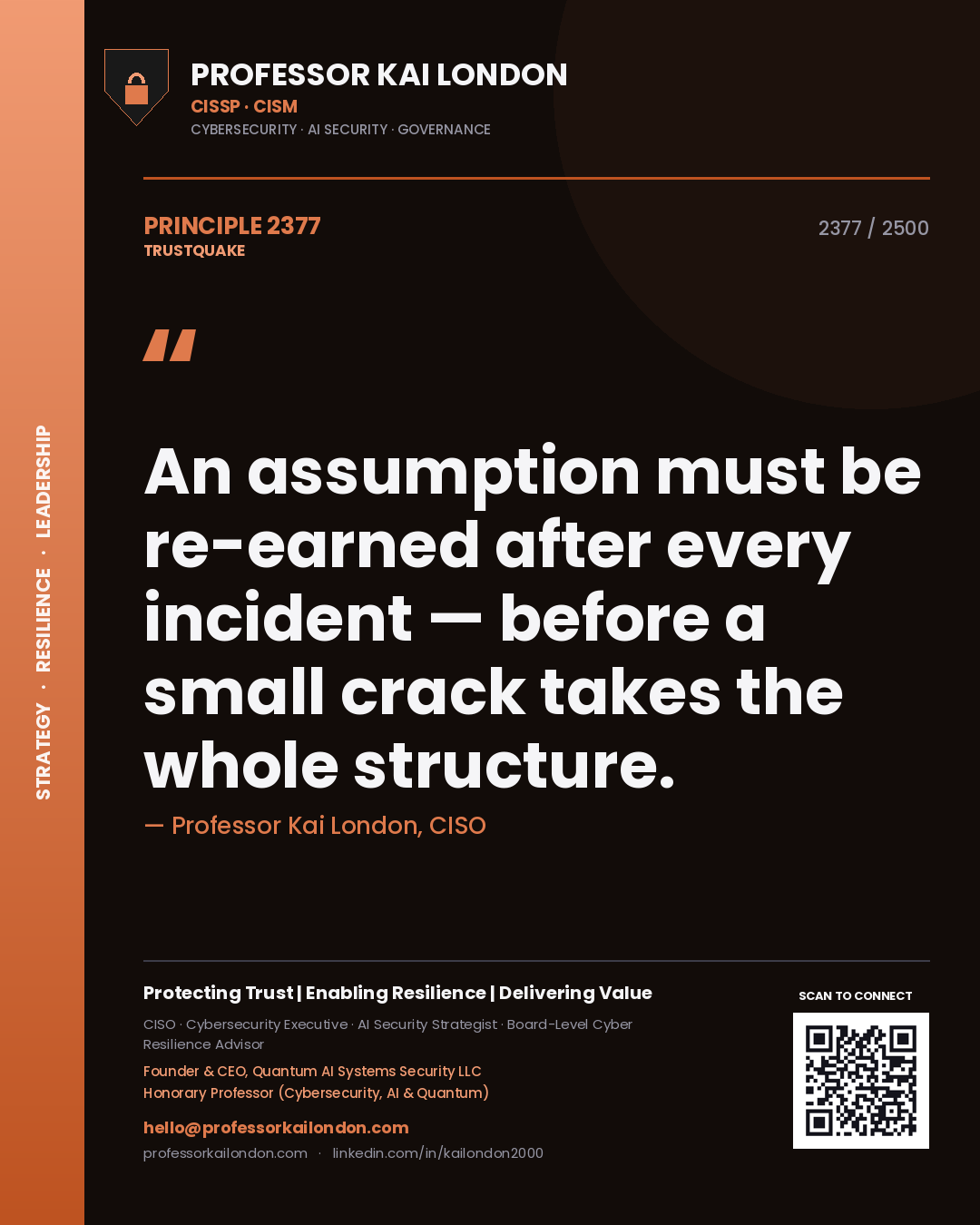 Quote card by Professor Kai London reading 'An assumption must be re-earned after every incident — before a small crack takes the whole structure.'. From the book Trustquake.
