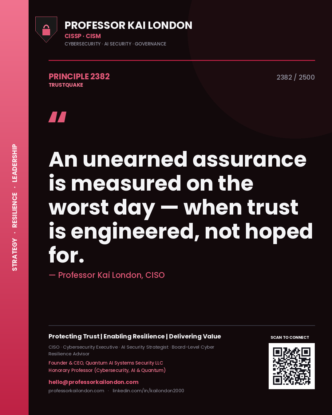 Quote card by Professor Kai London reading 'An unearned assurance is measured on the worst day — when trust is engineered, not hoped for.'. From the book Trustquake.