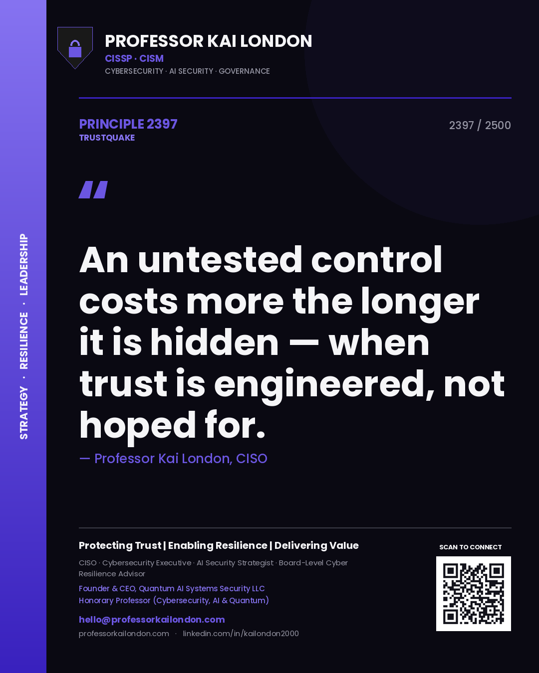 Quote card by Professor Kai London reading 'An untested control costs more the longer it is hidden — when trust is engineered, not hoped for.'. From the book Trustquake.