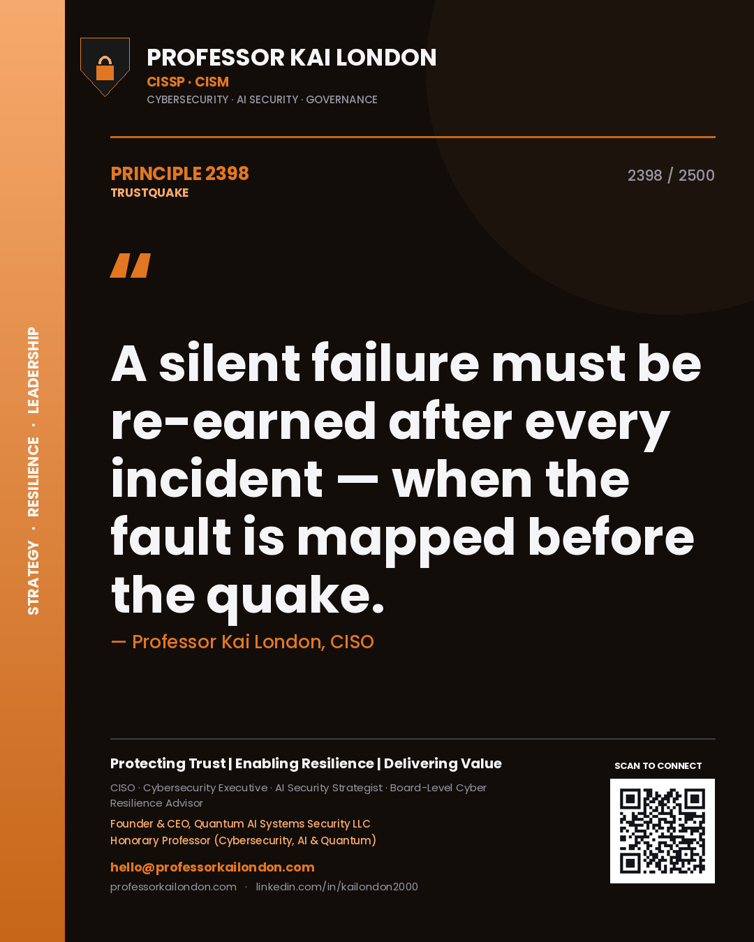 Quote card by Professor Kai London reading 'A silent failure must be re-earned after every incident — when the fault is mapped before the quake.'. From the book Trustquake.