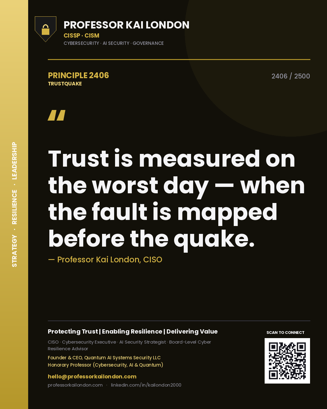 Professor Kai London principle 2406: Trust is measured on the worst day — when the fault is mapped before the quake.
