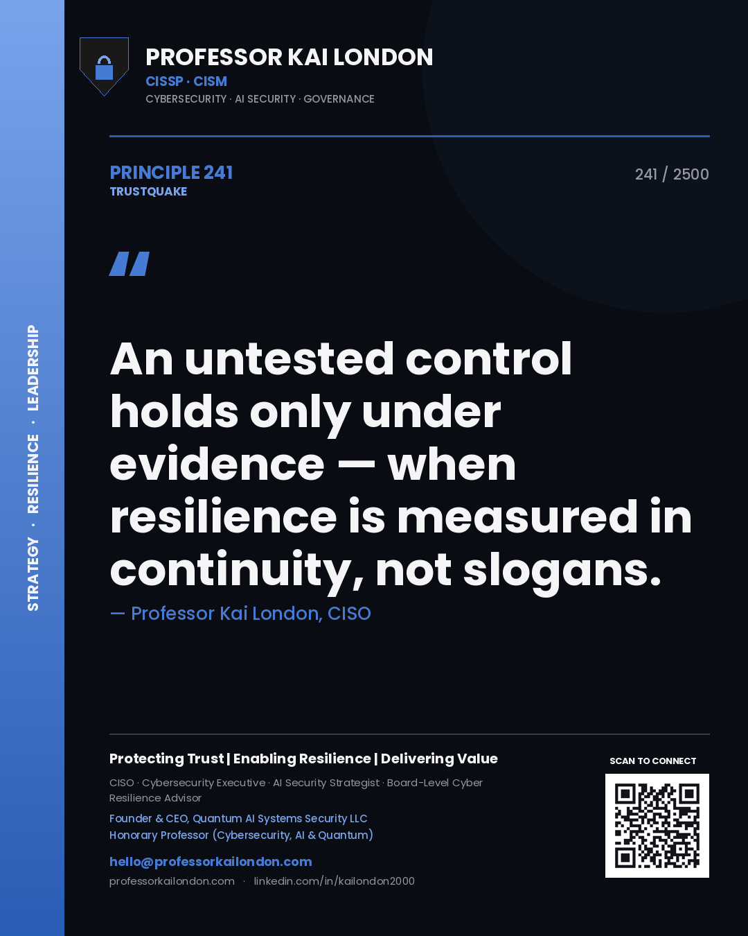 Professor Kai London principle 241: An untested control holds only under evidence — when resilience is measured in continuity, not slogans.