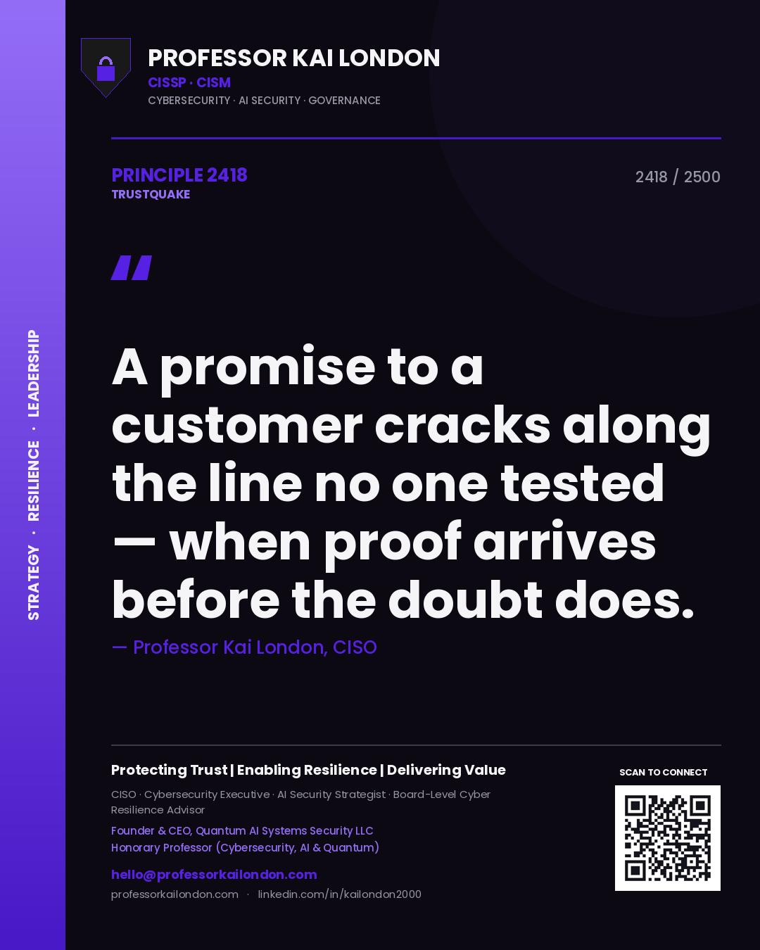 Professor Kai London principle 2418: A promise to a customer cracks along the line no one tested — when proof arrives before the doubt does.