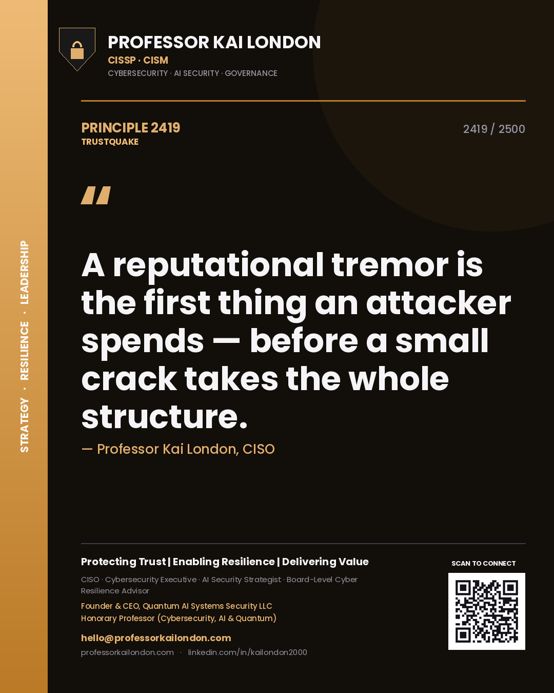 Quote card by Professor Kai London reading 'A reputational tremor is the first thing an attacker spends — before a small crack takes the whole structure.'. From the book Trustquake.