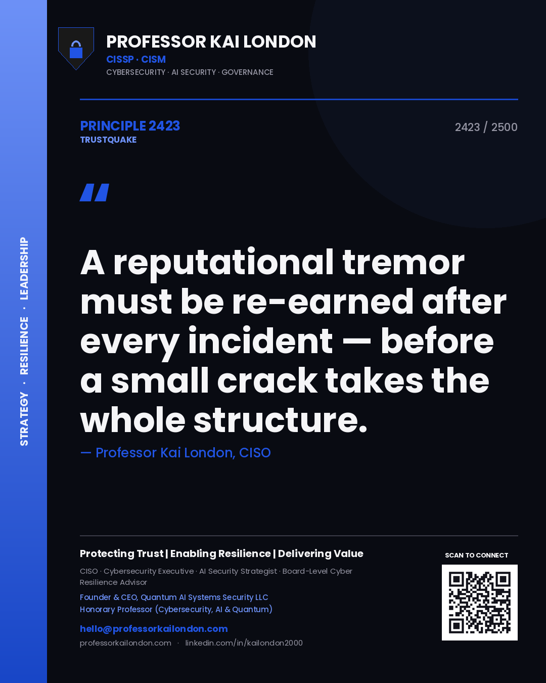 Professor Kai London principle 2423: A reputational tremor must be re-earned after every incident — before a small crack takes the whole structure.