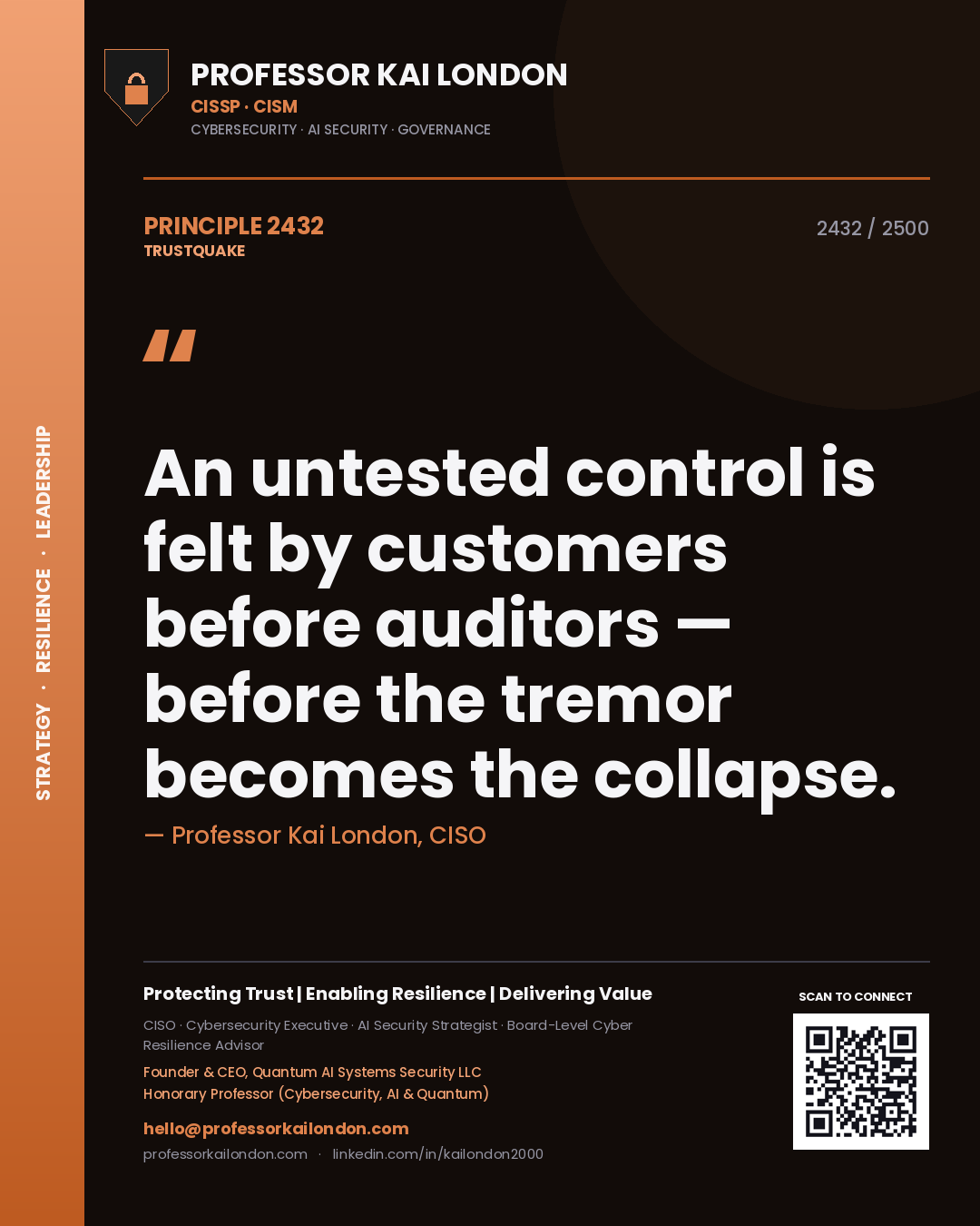Quote card by Professor Kai London reading 'An untested control is felt by customers before auditors — before the tremor becomes the collapse.'. From the book Trustquake.