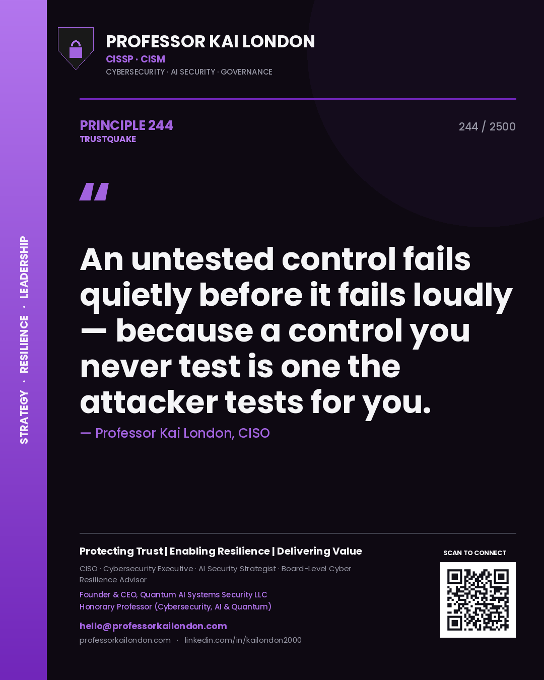 Quote card by Professor Kai London reading 'An untested control fails quietly before it fails loudly — because a control you never test is one the attacker tests for you.'. From the book Trustquake.