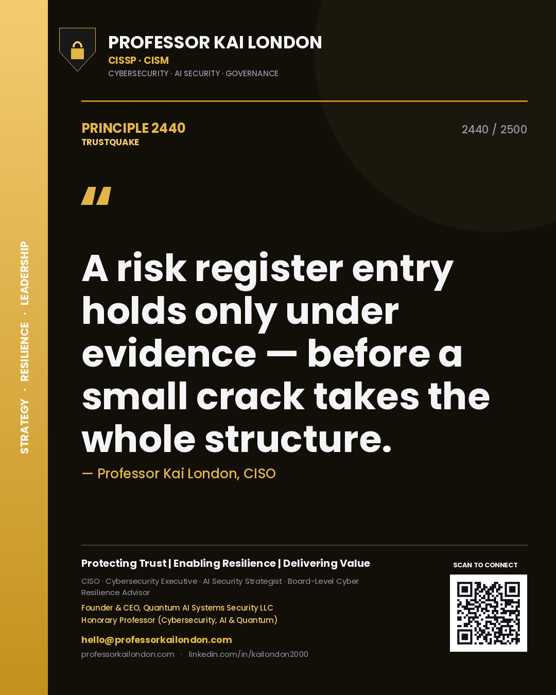 Quote card by Professor Kai London reading 'A risk register entry holds only under evidence — before a small crack takes the whole structure.'. From the book Trustquake.