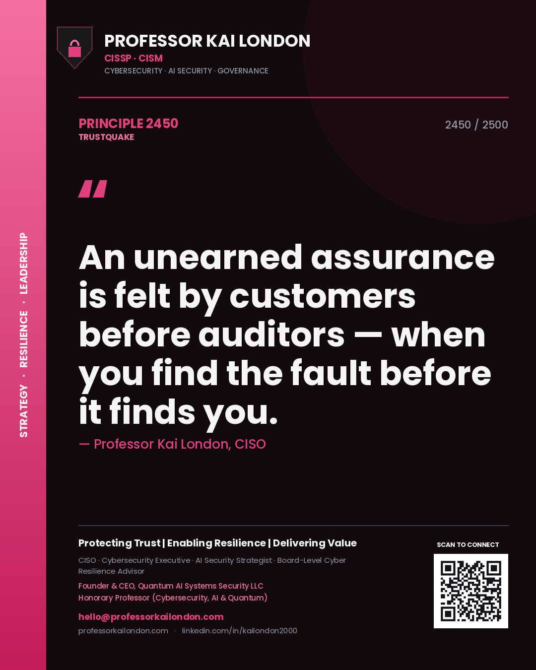 Quote card by Professor Kai London reading 'An unearned assurance is felt by customers before auditors — when you find the fault before it finds you.'. From the book Trustquake.