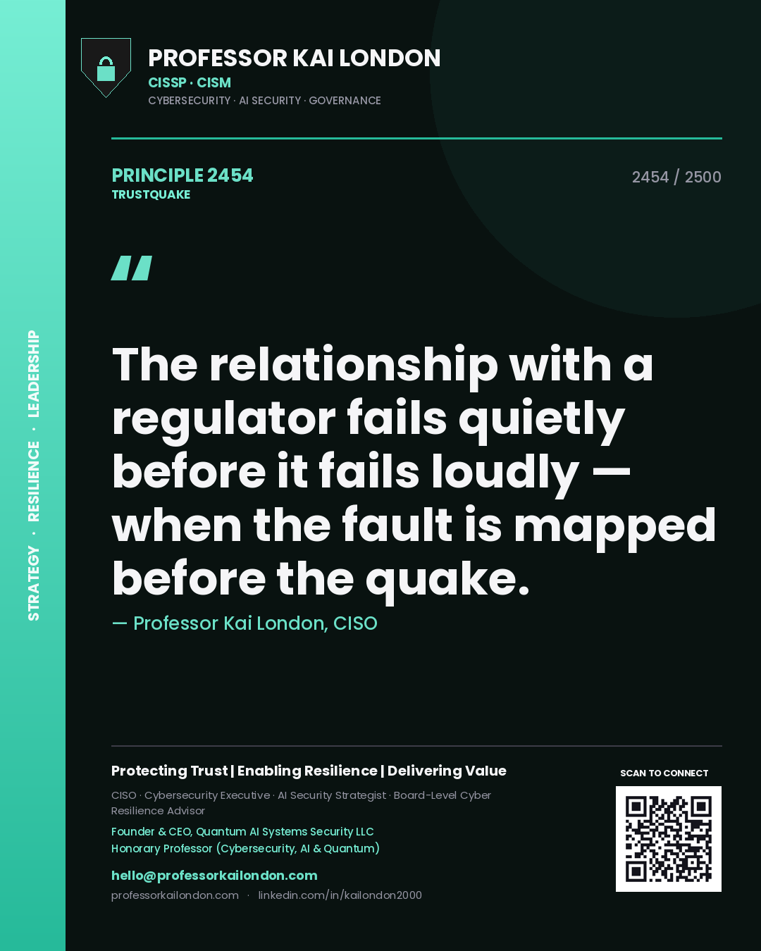 Quote card by Professor Kai London reading 'The relationship with a regulator fails quietly before it fails loudly — when the fault is mapped before the quake.'. From the book Trustquake.