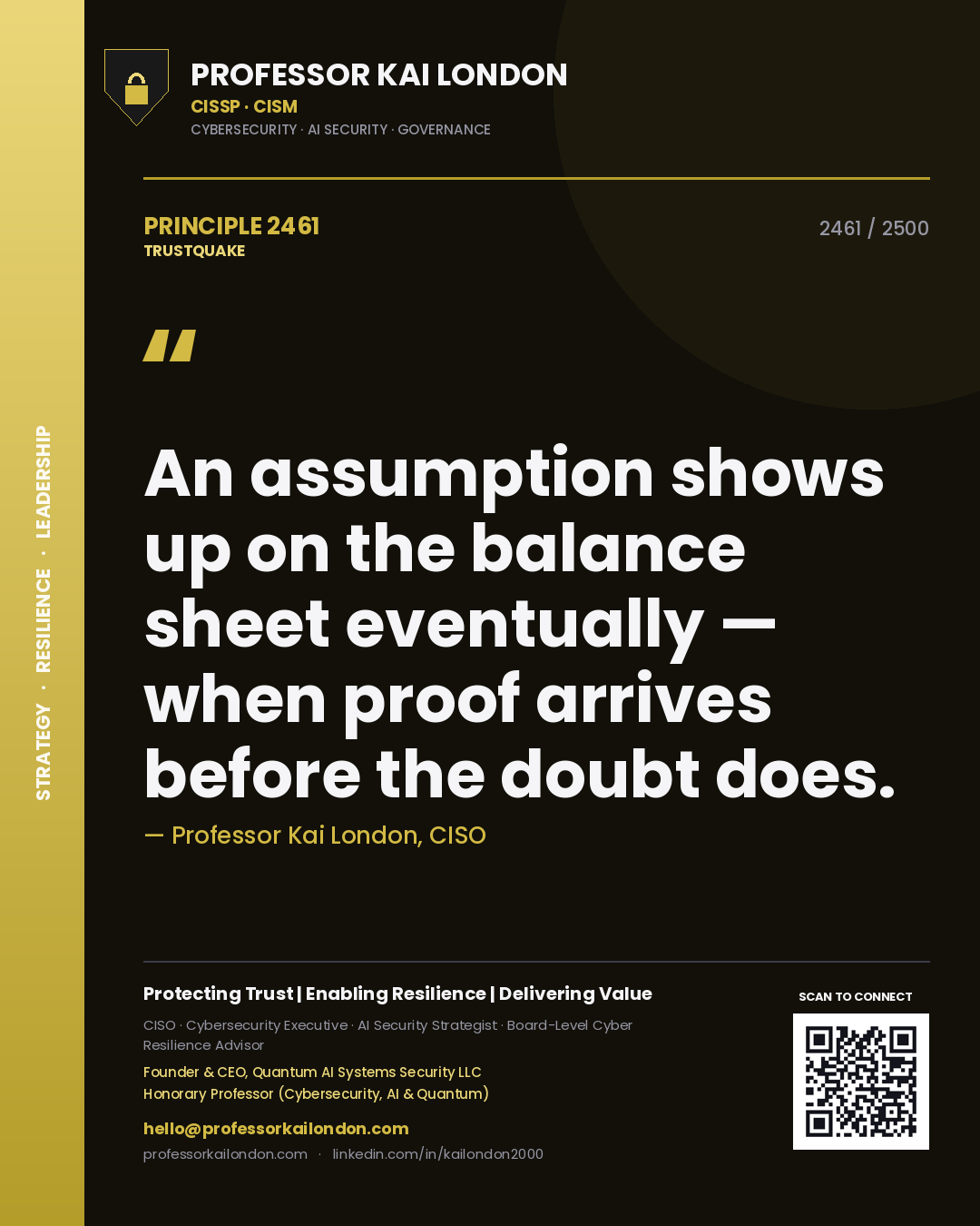 Quote card by Professor Kai London reading 'An assumption shows up on the balance sheet eventually — when proof arrives before the doubt does.'. From the book Trustquake.