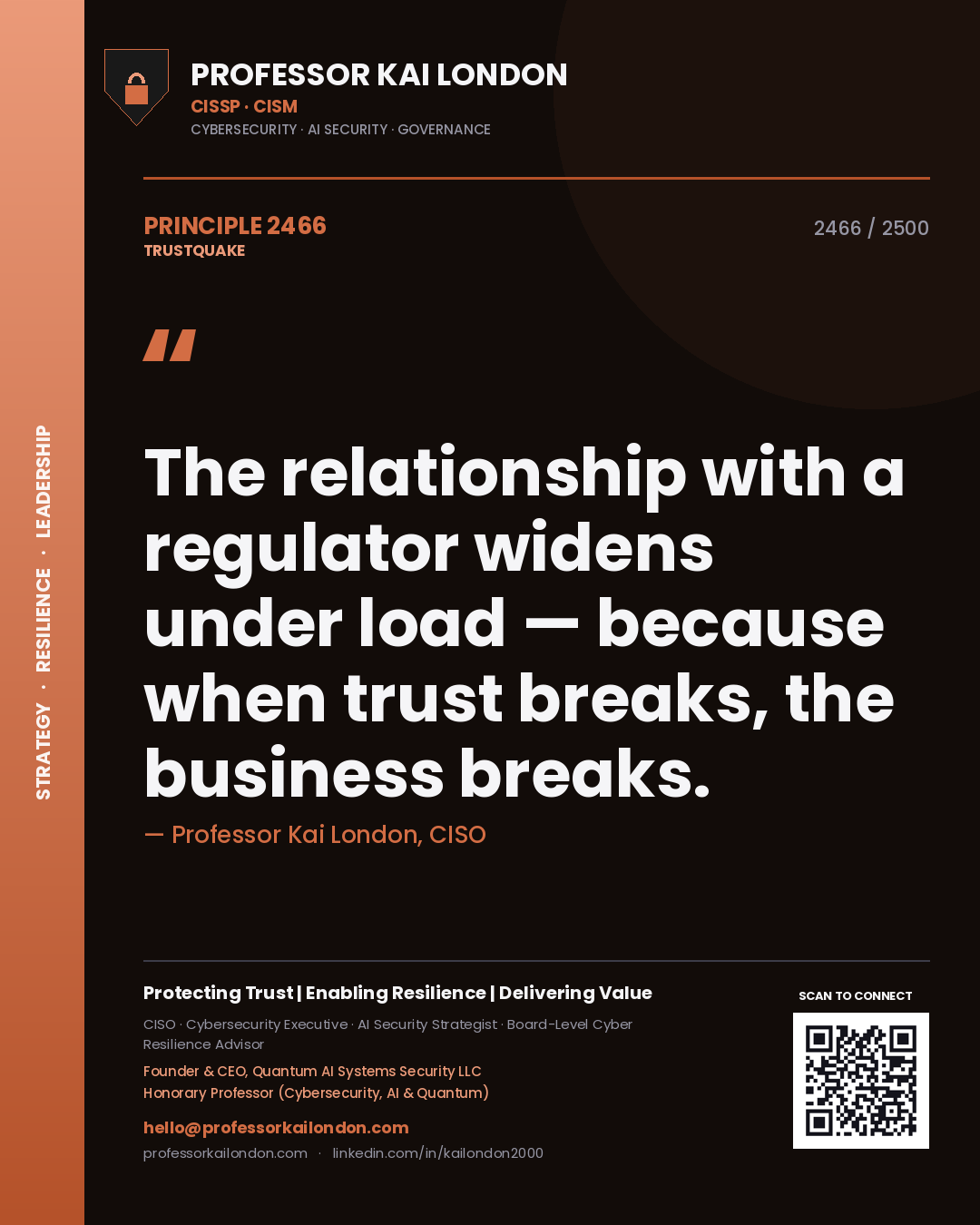 Professor Kai London principle 2466: The relationship with a regulator widens under load — because when trust breaks, the business breaks.
