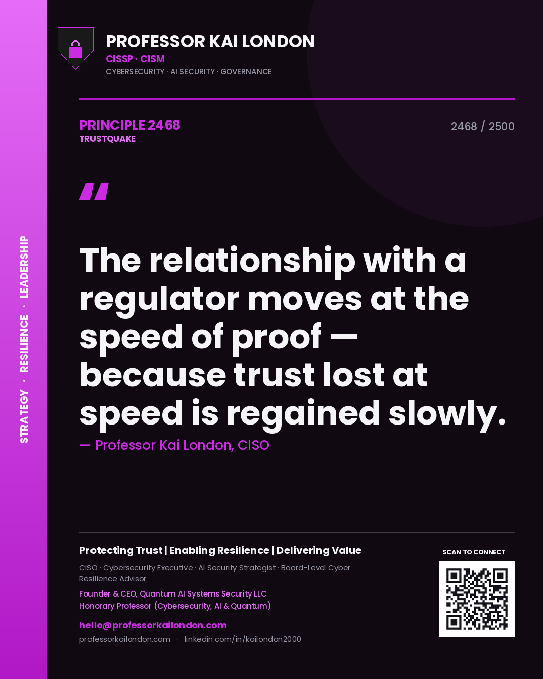 Quote card by Professor Kai London reading 'The relationship with a regulator moves at the speed of proof — because trust lost at speed is regained slowly.'. From the book Trustquake.