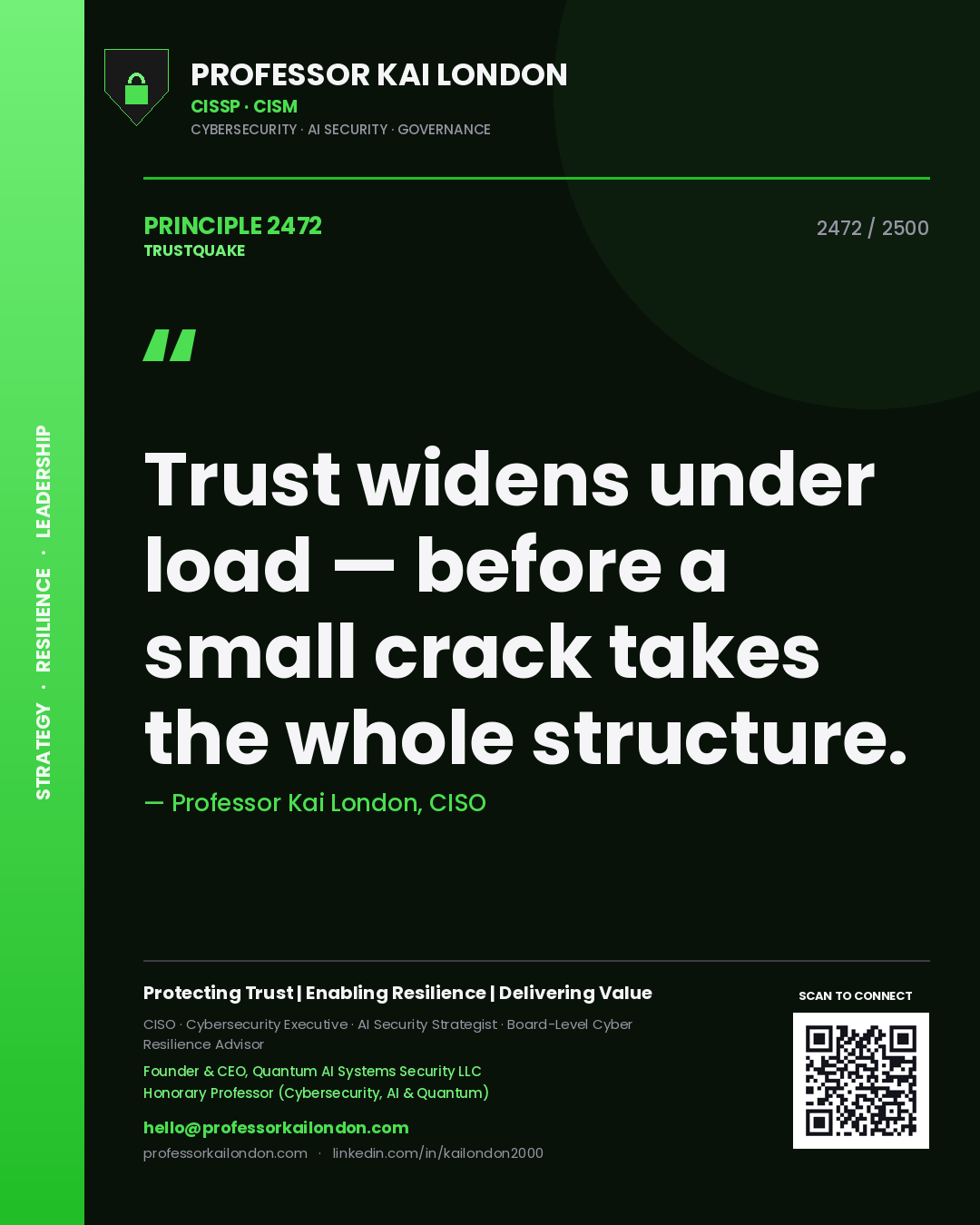 Professor Kai London principle 2472: Trust widens under load — before a small crack takes the whole structure.