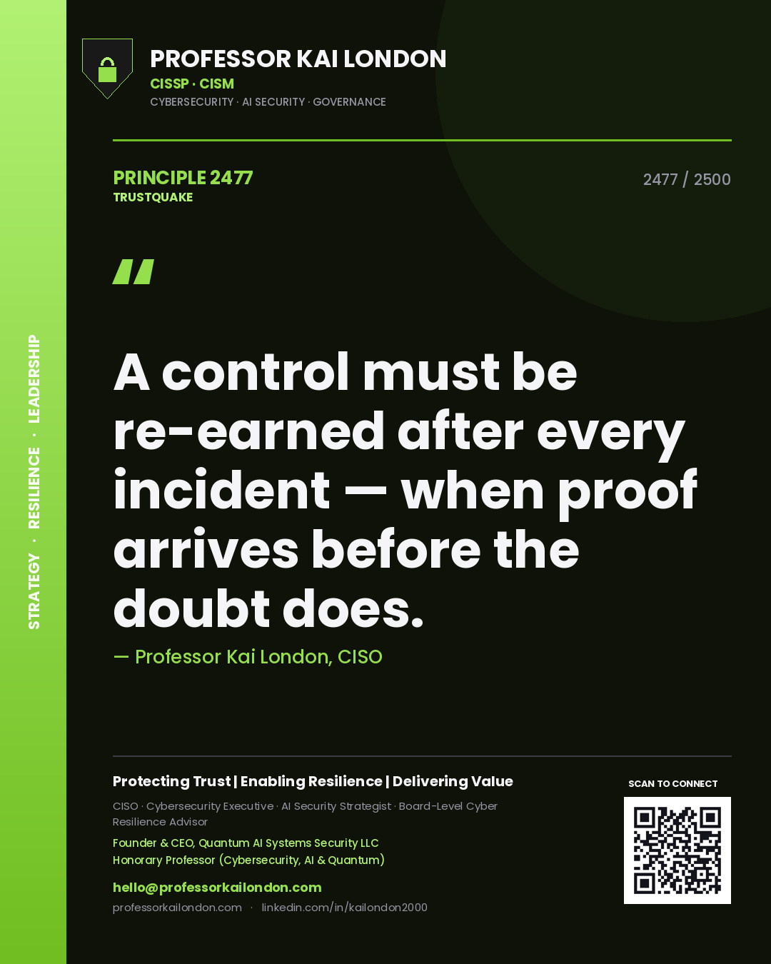 Quote card by Professor Kai London reading 'A control must be re-earned after every incident — when proof arrives before the doubt does.'. From the book Trustquake.