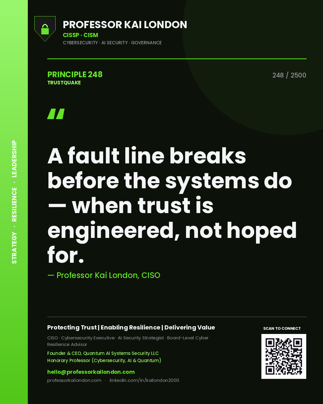 Professor Kai London principle 248: A fault line breaks before the systems do — when trust is engineered, not hoped for.