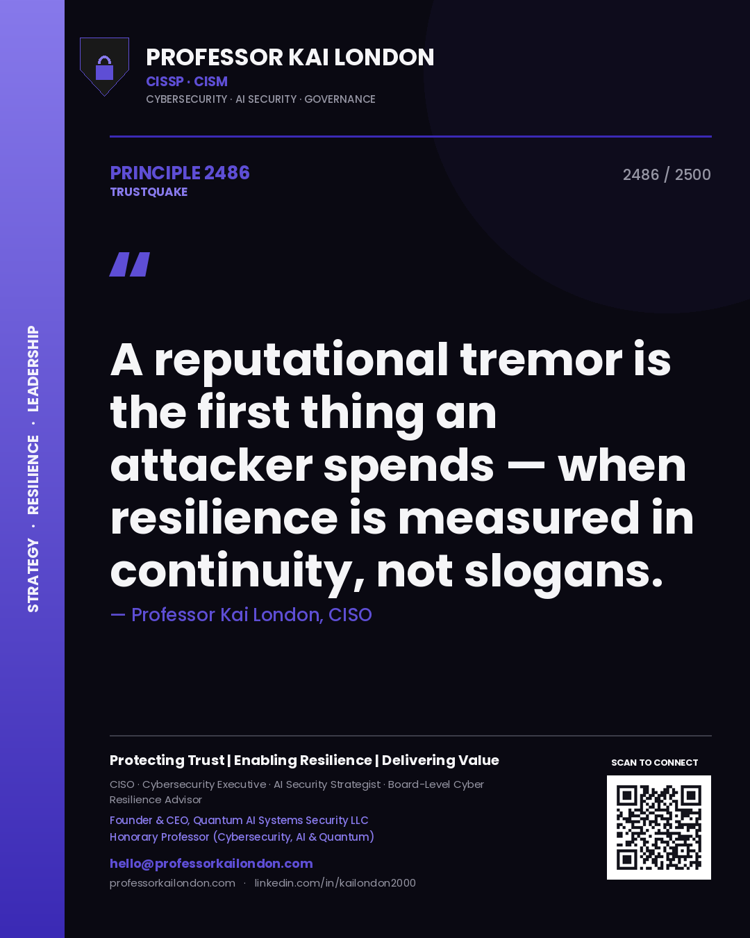 Quote card by Professor Kai London reading 'A reputational tremor is the first thing an attacker spends — when resilience is measured in continuity, not slogans.'. From the book Trustquake.