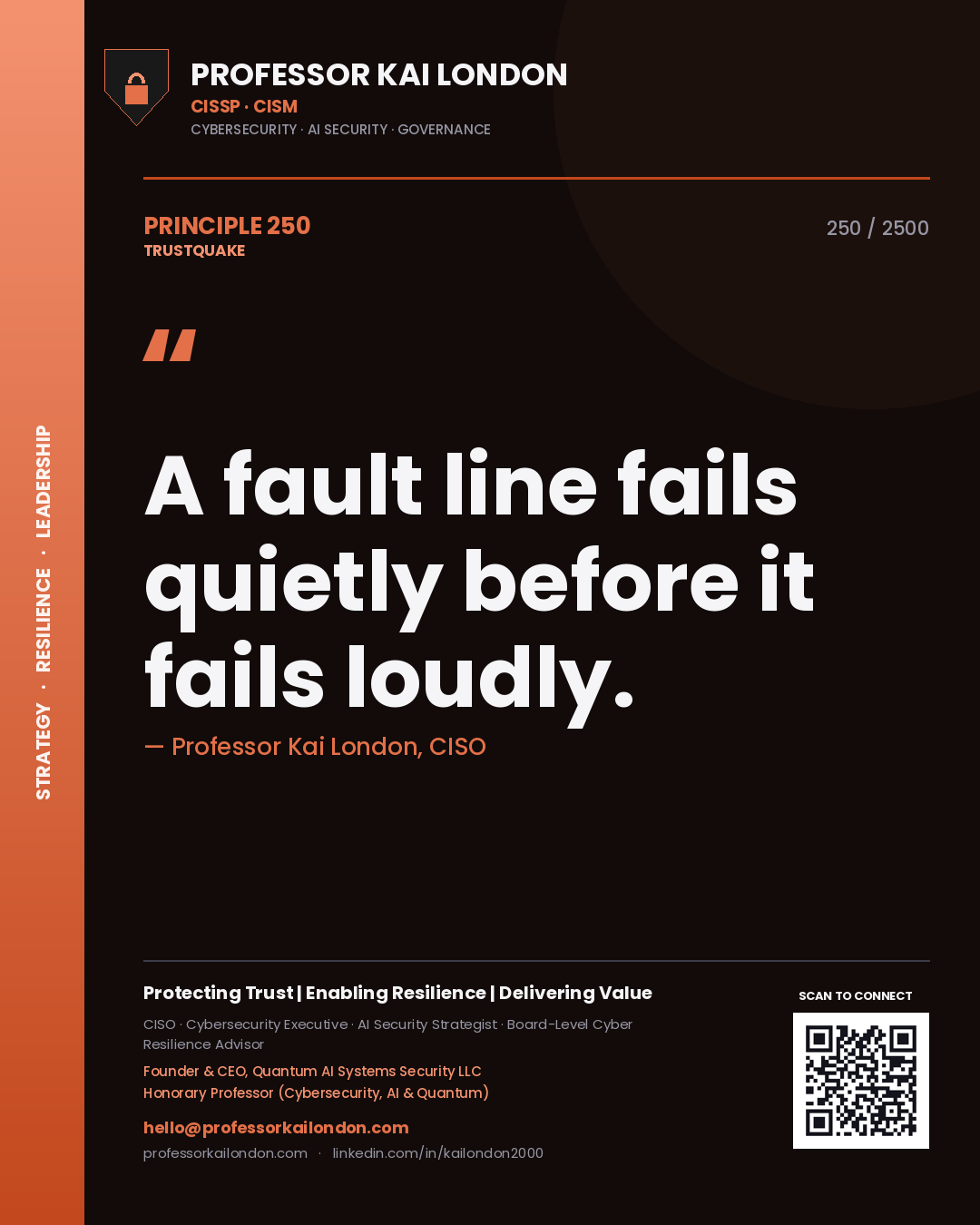 Quote card by Professor Kai London reading 'A fault line fails quietly before it fails loudly.'. From the book Trustquake.