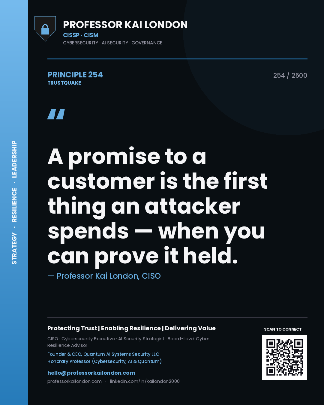 Professor Kai London principle 254: A promise to a customer is the first thing an attacker spends — when you can prove it held.