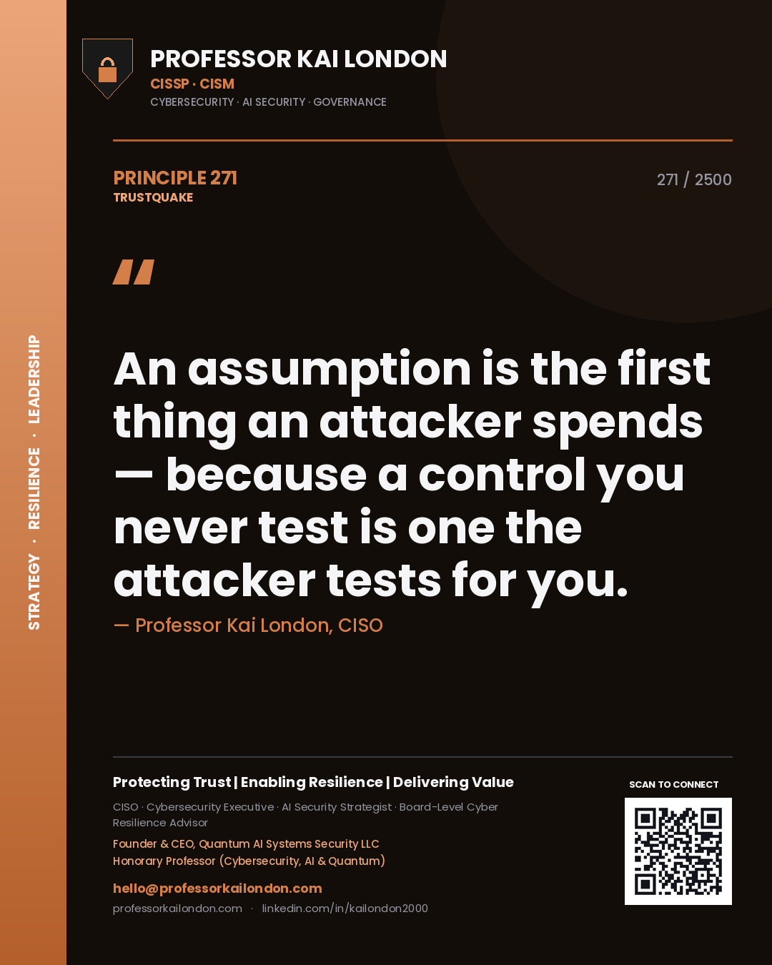 Professor Kai London principle 271: An assumption is the first thing an attacker spends — because a control you never test is one the attacker tests for you.