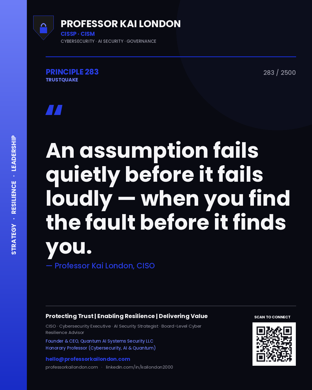Quote card by Professor Kai London reading 'An assumption fails quietly before it fails loudly — when you find the fault before it finds you.'. From the book Trustquake.
