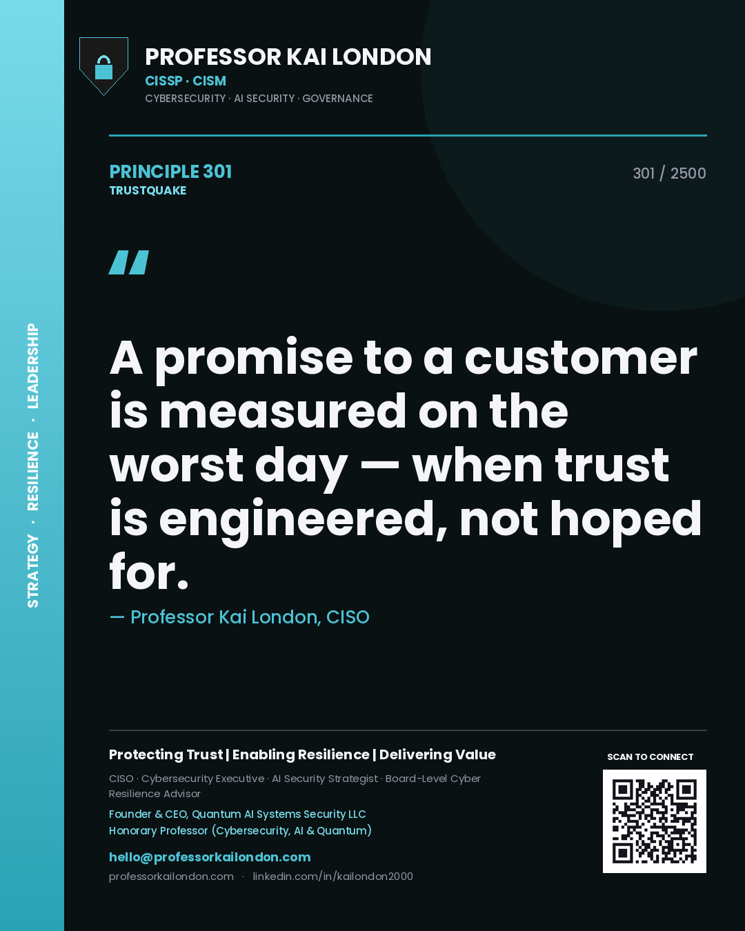 Quote card by Professor Kai London reading 'A promise to a customer is measured on the worst day — when trust is engineered, not hoped for.'. From the book Trustquake.
