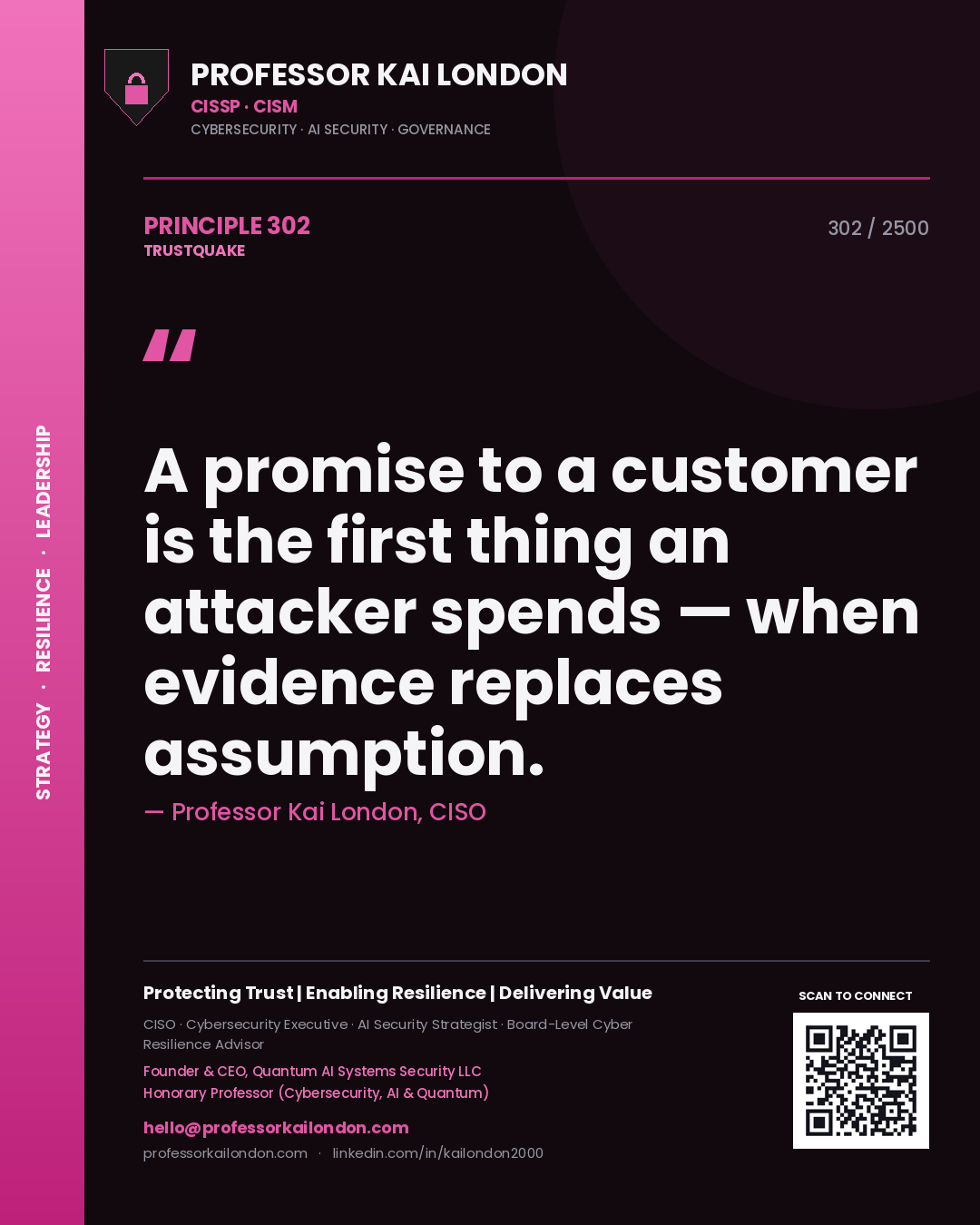 Professor Kai London principle 302: A promise to a customer is the first thing an attacker spends — when evidence replaces assumption.