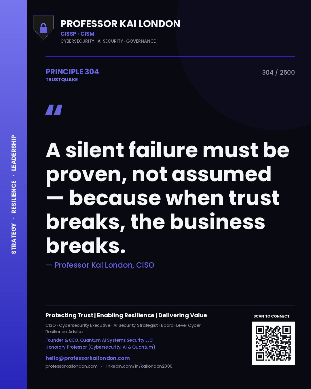 Quote card by Professor Kai London reading 'A silent failure must be proven, not assumed — because when trust breaks, the business breaks.'. From the book Trustquake.
