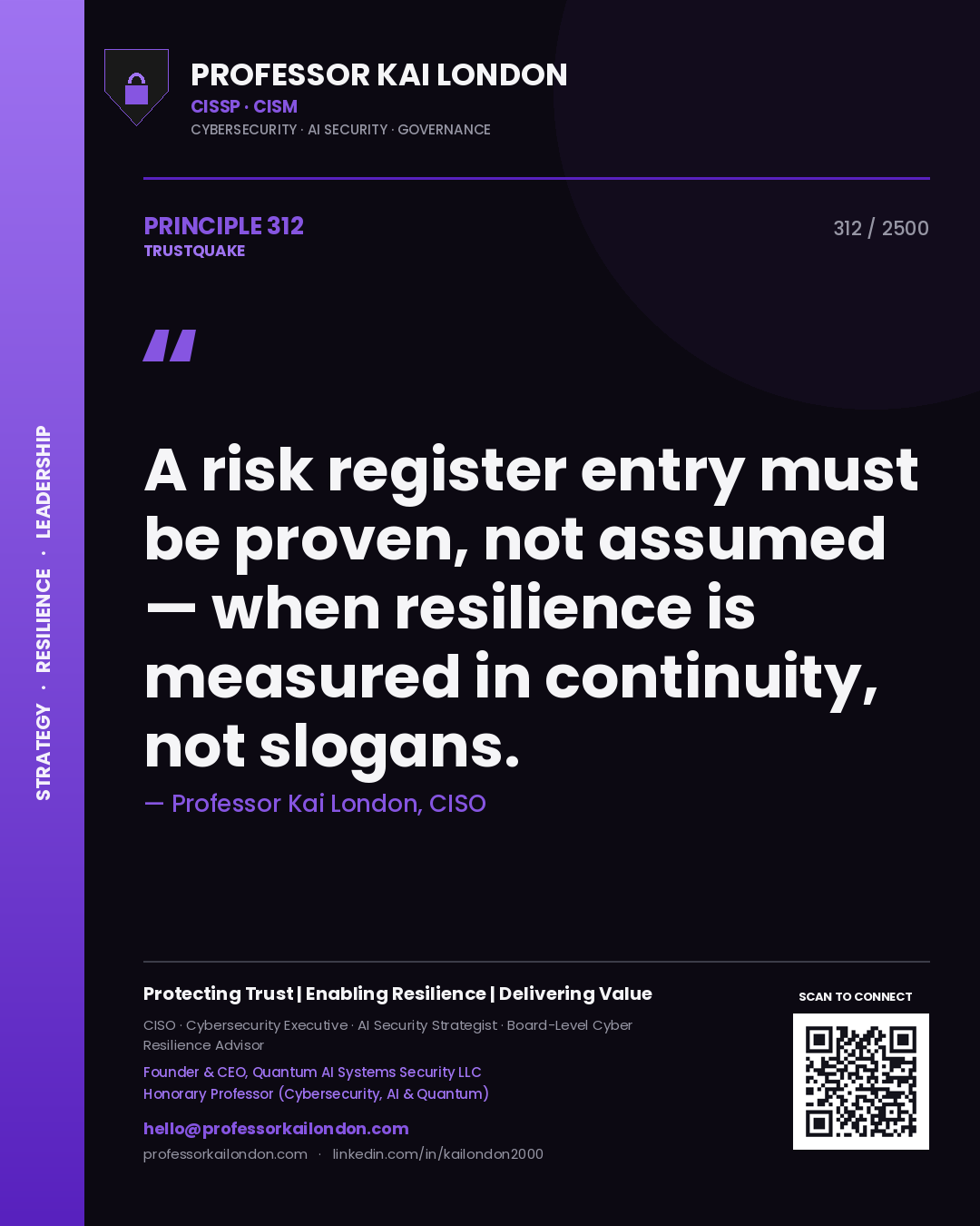 Professor Kai London principle 312: A risk register entry must be proven, not assumed — when resilience is measured in continuity, not slogans.
