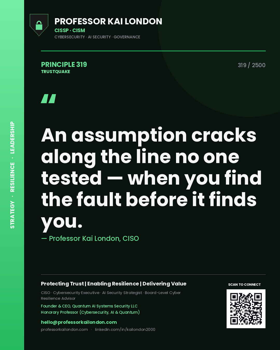Professor Kai London principle 319: An assumption cracks along the line no one tested — when you find the fault before it finds you.