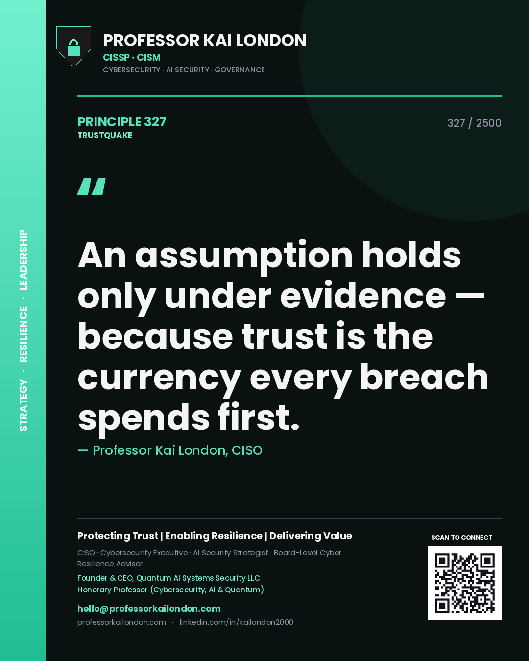 Professor Kai London principle 327: An assumption holds only under evidence — because trust is the currency every breach spends first.