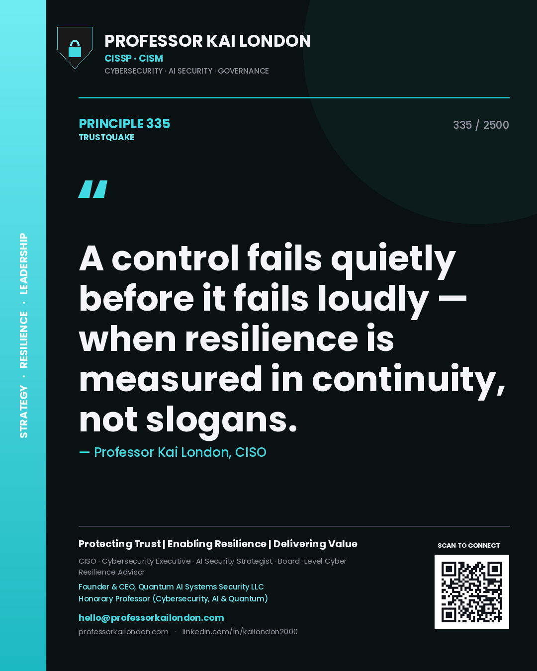 Professor Kai London principle 335: A control fails quietly before it fails loudly — when resilience is measured in continuity, not slogans.