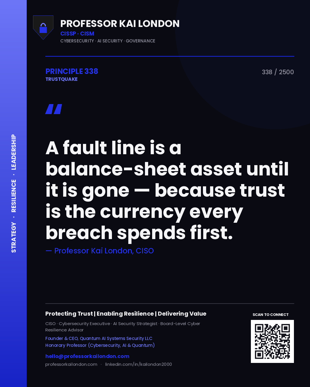 Quote card by Professor Kai London reading 'A fault line is a balance-sheet asset until it is gone — because trust is the currency every breach spends first.'. From the book Trustquake.