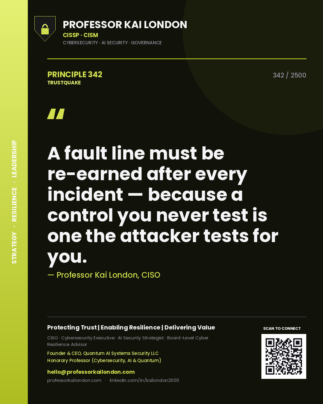 Professor Kai London principle 342: A fault line must be re-earned after every incident — because a control you never test is one the attacker tests for you.