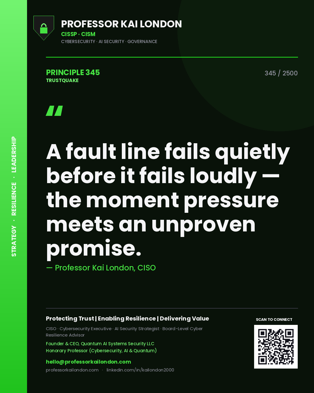 Professor Kai London principle 345: A fault line fails quietly before it fails loudly — the moment pressure meets an unproven promise.