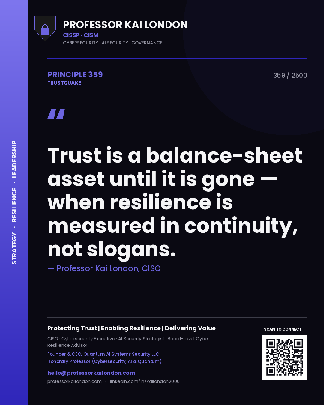 Quote card by Professor Kai London reading 'Trust is a balance-sheet asset until it is gone — when resilience is measured in continuity, not slogans.'. From the book Trustquake.