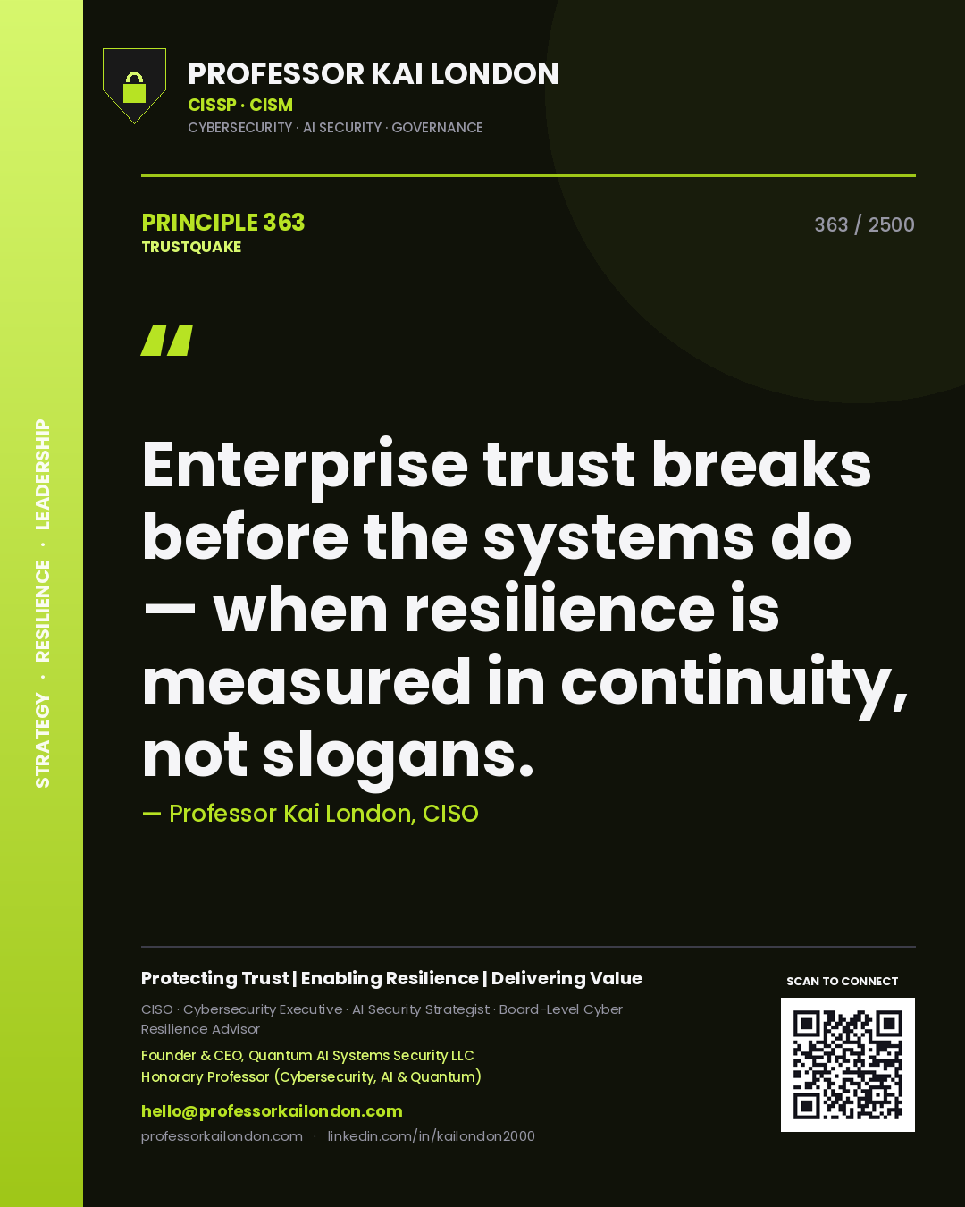 Professor Kai London principle 363: Enterprise trust breaks before the systems do — when resilience is measured in continuity, not slogans.