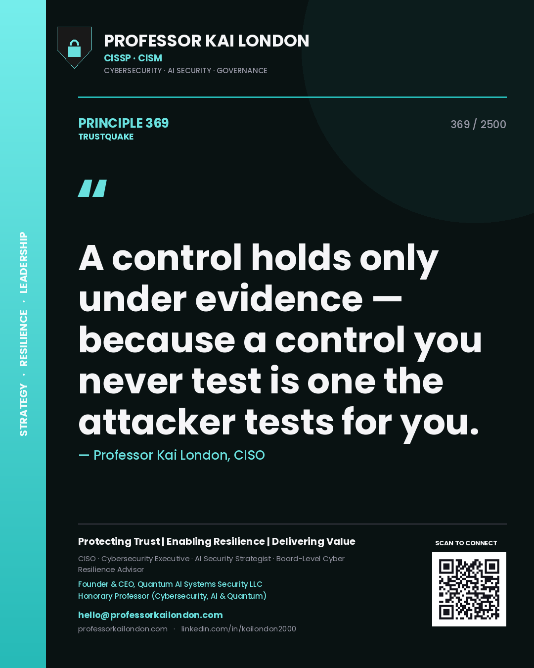 Professor Kai London principle 369: A control holds only under evidence — because a control you never test is one the attacker tests for you.