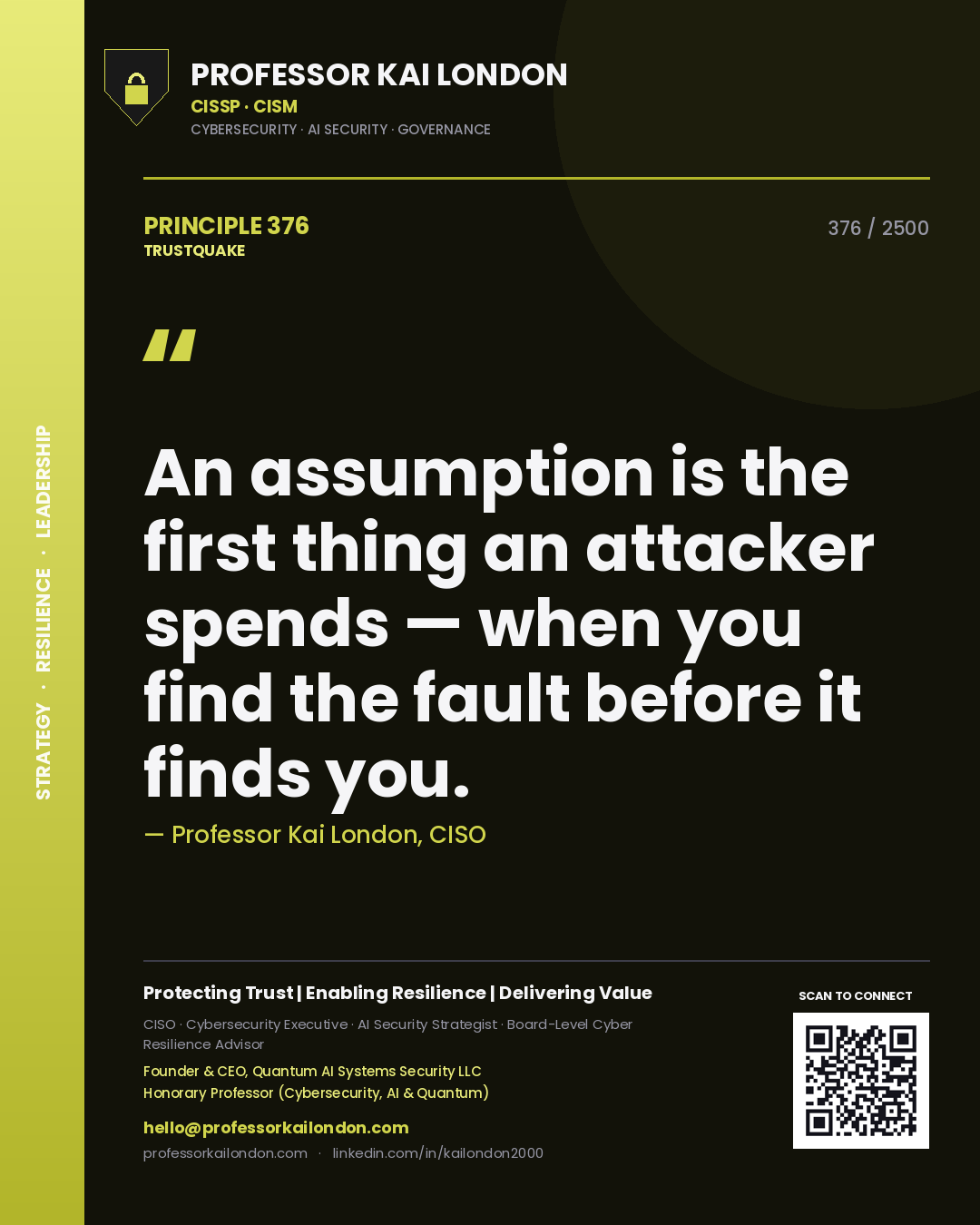 Quote card by Professor Kai London reading 'An assumption is the first thing an attacker spends — when you find the fault before it finds you.'. From the book Trustquake.