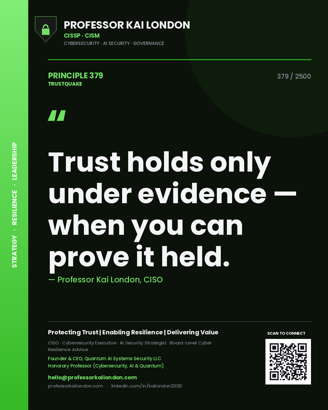 Professor Kai London principle 379: Trust holds only under evidence — when you can prove it held.