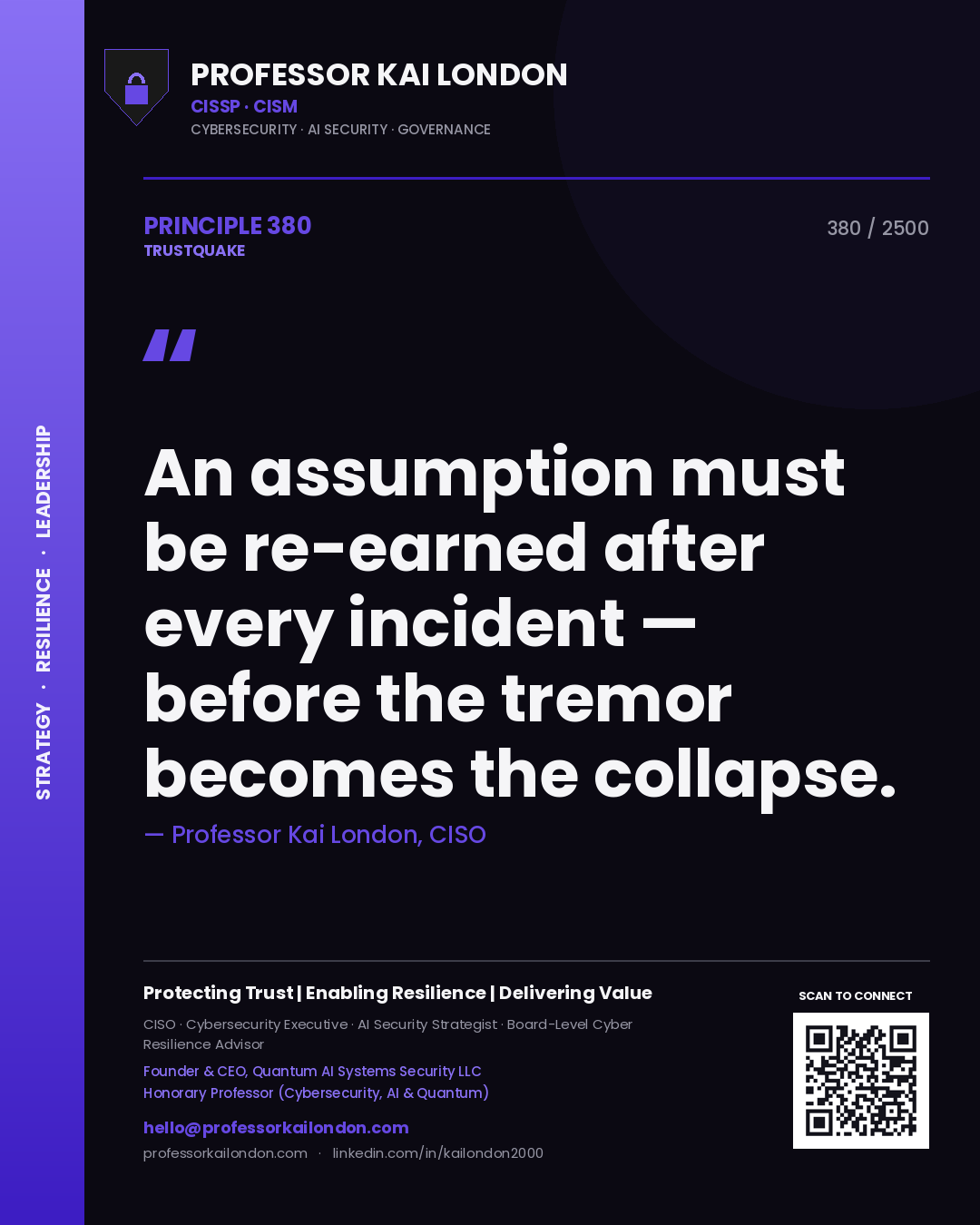 Quote card by Professor Kai London reading 'An assumption must be re-earned after every incident — before the tremor becomes the collapse.'. From the book Trustquake.