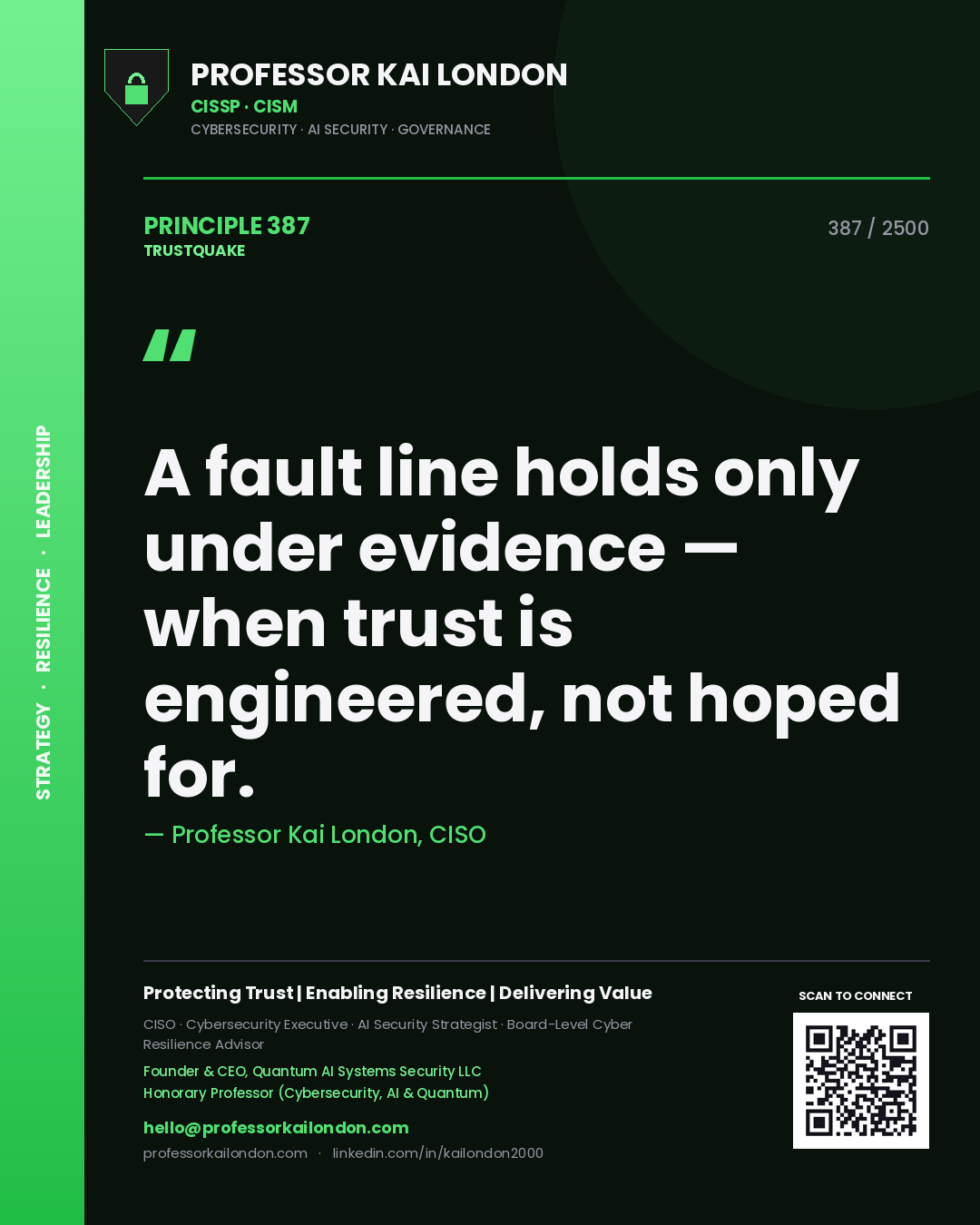 Quote card by Professor Kai London reading 'A fault line holds only under evidence — when trust is engineered, not hoped for.'. From the book Trustquake.