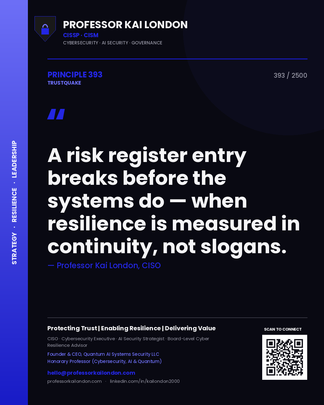 Professor Kai London principle 393: A risk register entry breaks before the systems do — when resilience is measured in continuity, not slogans.